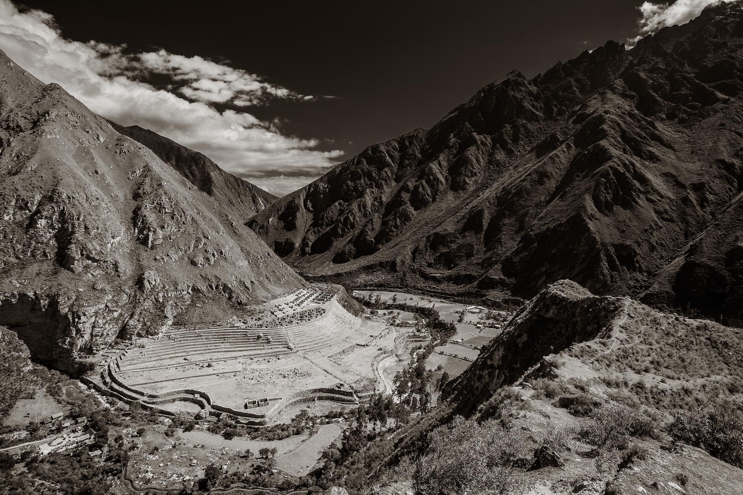 A view from the Inca Trail of a set of ancient Incan ruins discovered in a corner of this valley.