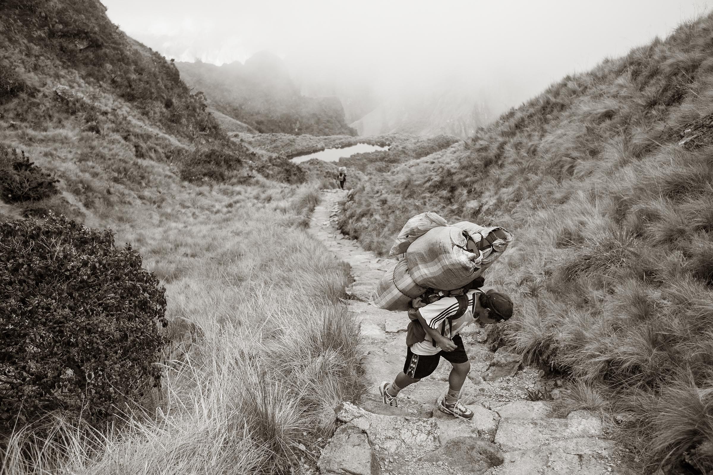 A porter approaches the Runkuracay Pass along the Inca Trail. The pass is the second highest point along the trail with an altitude of 3950 meters above sea level. Carrying heavy loads teams of porters haul everything their clients will need to make the trek to Machu Picchu.