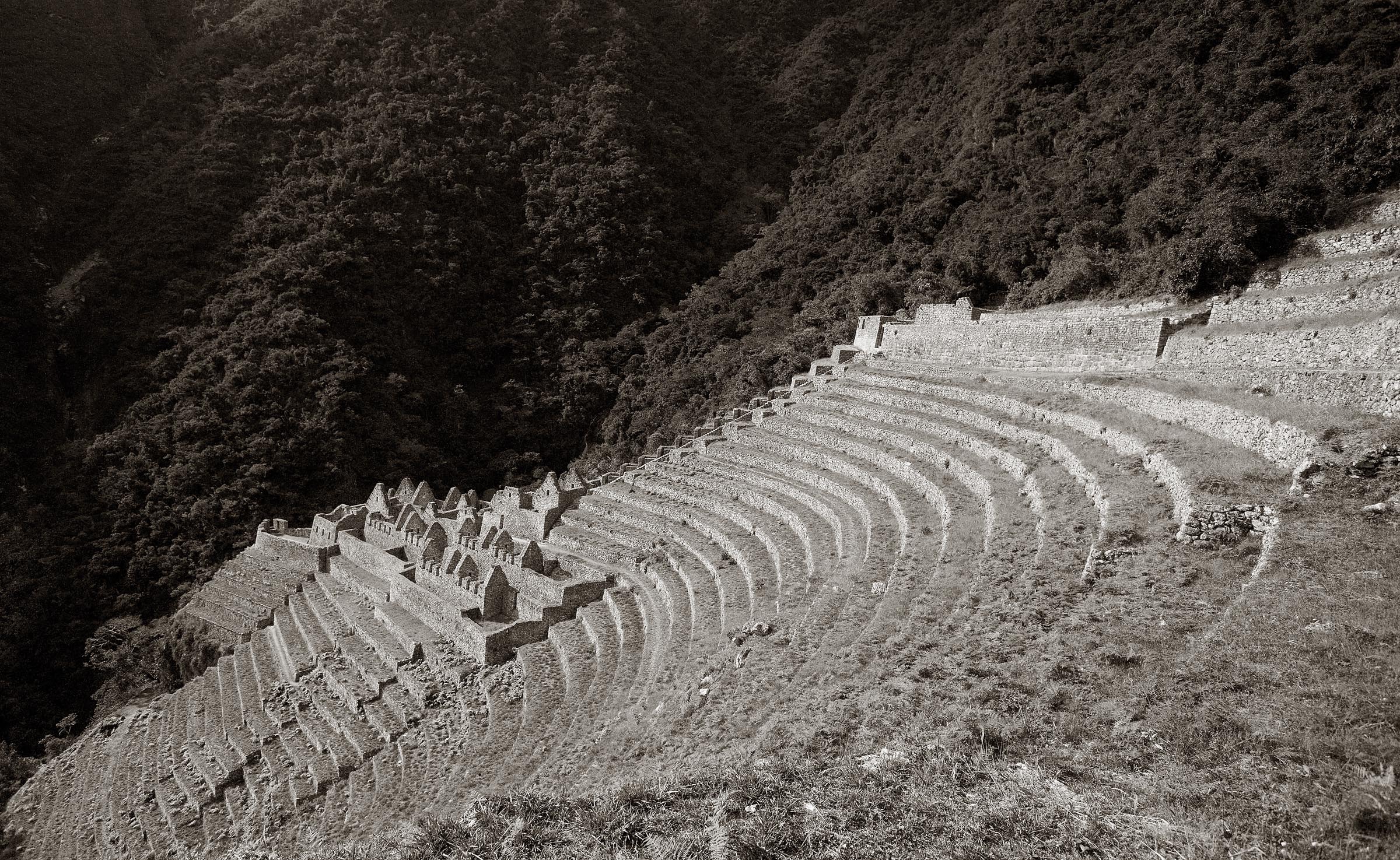 A moonlit timed exposure of the archaeological site of Wiñaywayna.