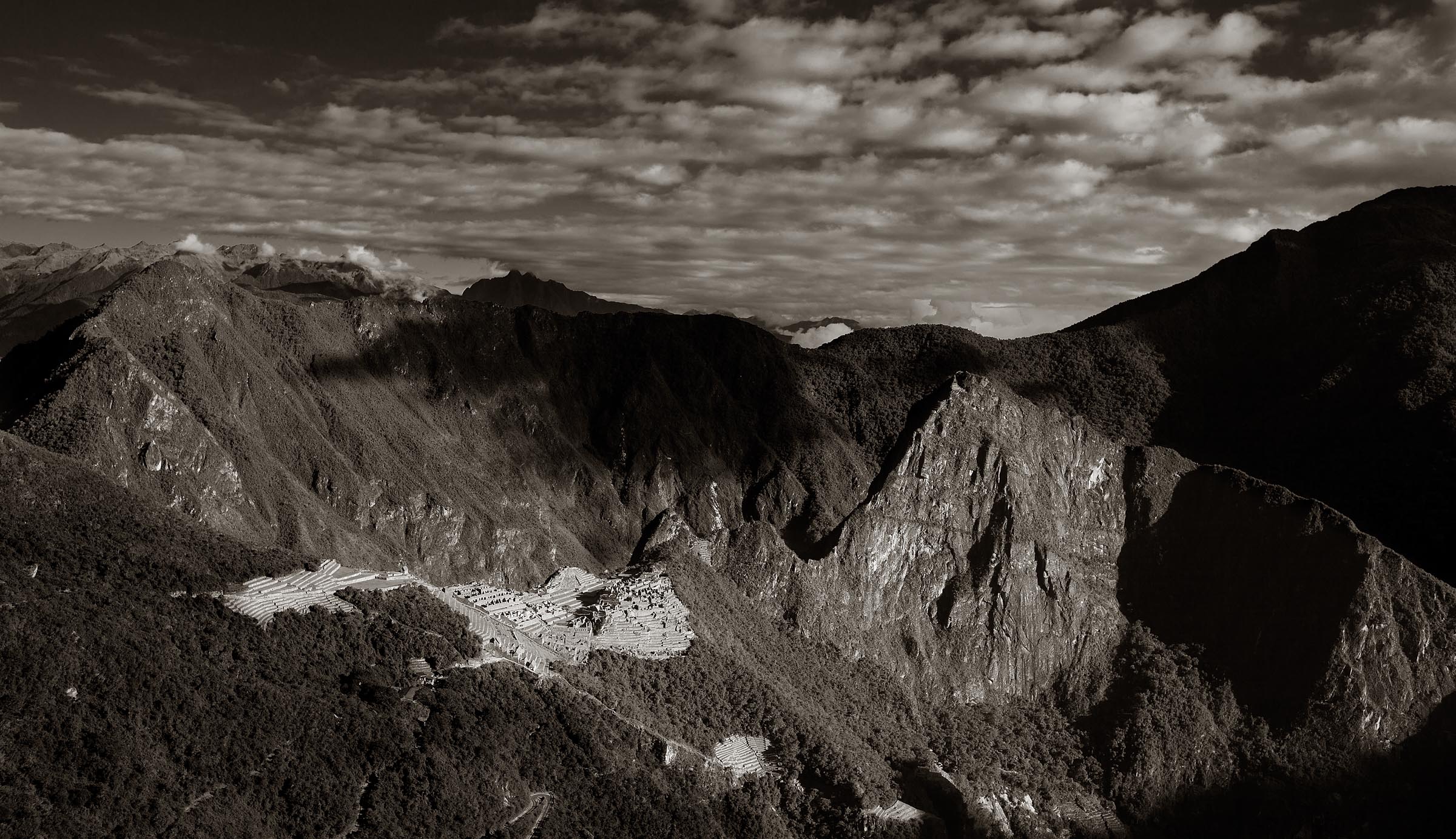 A sunrise view of the ancient Incan city of Machu Picchu.