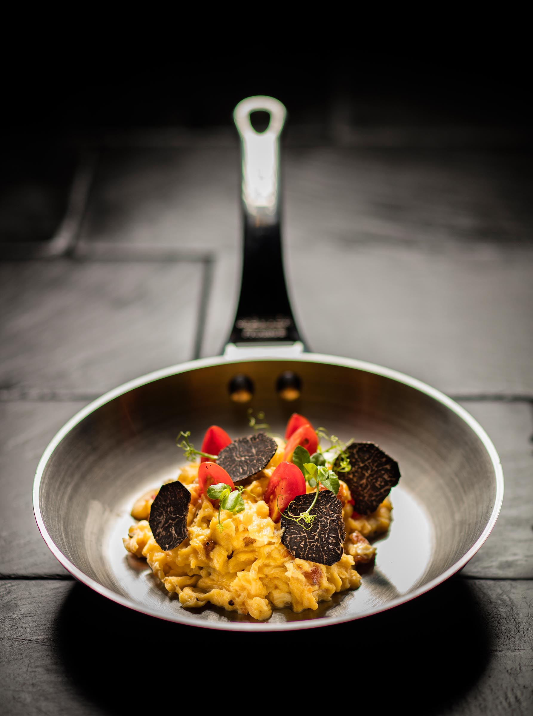 Scrambled Smoked Flour Sausage & Black Diamonds : Tomatoes / Eggs / Portuguese Farinheira Sausage / Black Truffle